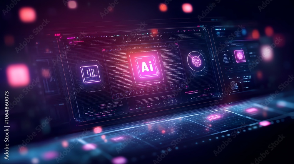Obraz premium Futuristic interface with glowing icons and data visualization on a dark background.