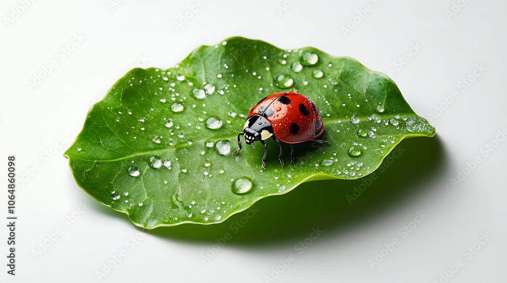 Fototapeta premium Ladybug perched on a green leaf with droplets of water, isolated background.
