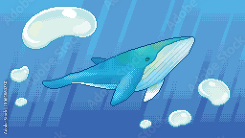日光が差し込む幻想的な海をゆったりと泳ぐクジラのドット絵