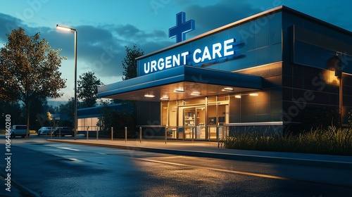 Urgent care facility at dusk, illuminated sign, welcoming entrance.