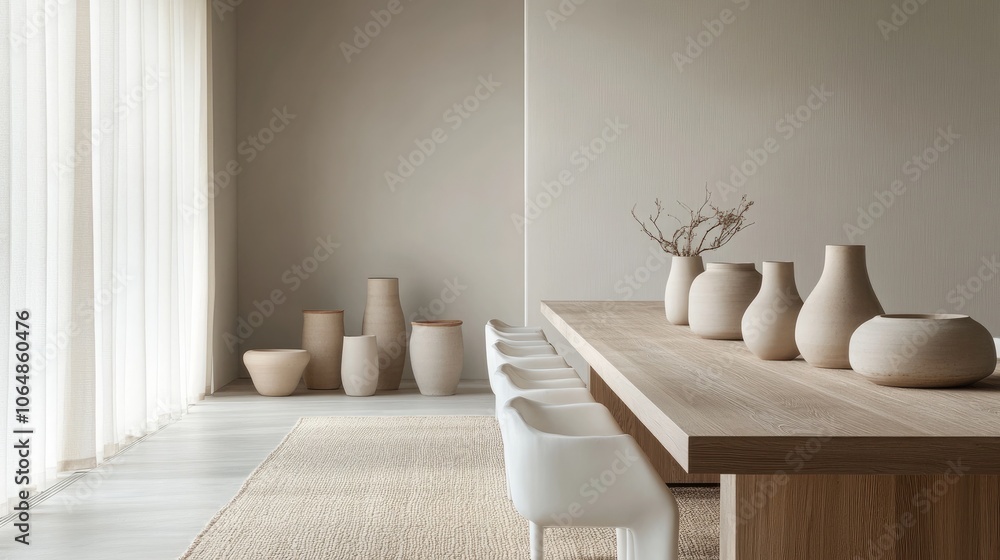 A serene dining room with a long wooden table A serene dining room with a long wooden table