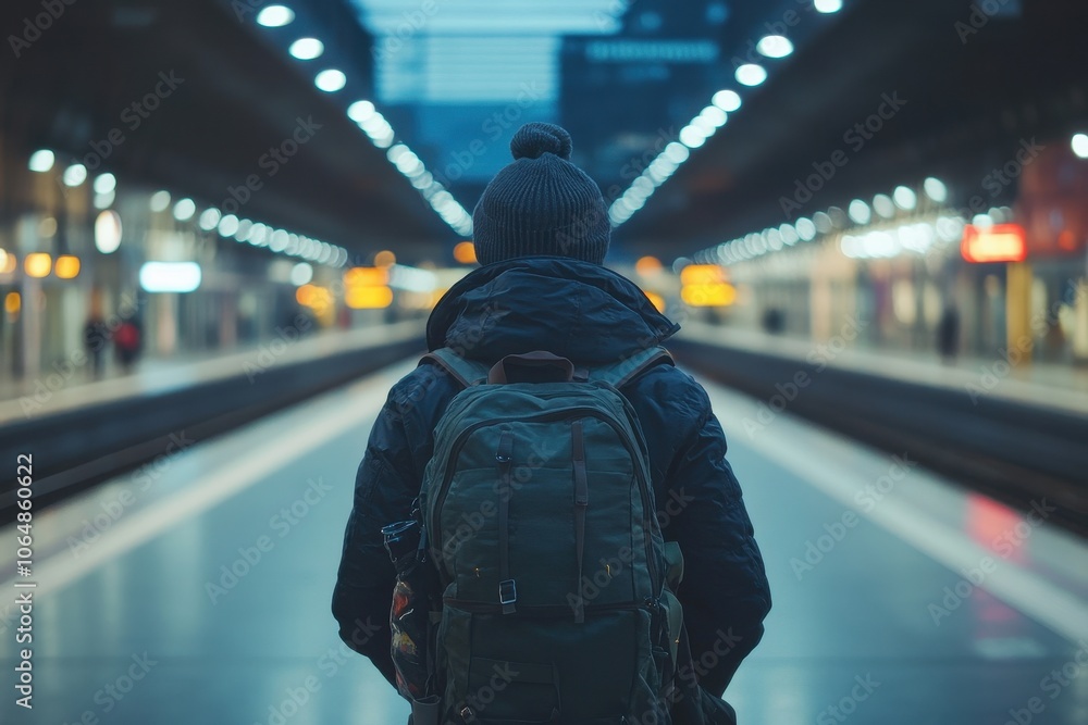 Obraz premium A lone traveler walks on a train platform. This photo can be used to represent travel, adventure, or the feeling of being alone.