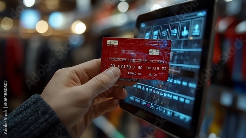 Hand holding a credit card next to a tablet with shopping interface, blurred background. photo