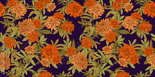 Saturated seamless floral pattern. Abstract artistic flowers and leaf print on dark background. Vector drawn illustration botanical. Nature ornament for designs, wallpaper, fabric, fashion, textiles