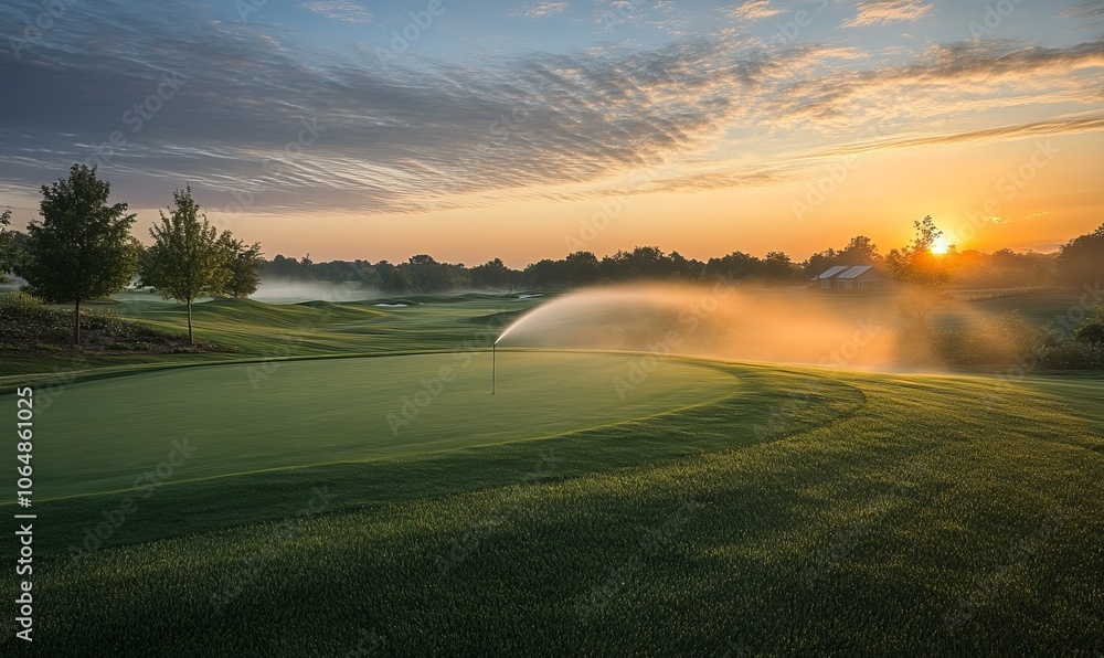 A wide-angle photograph of a state-of-the-art sprinkler system watering a freshly manicured golf course at dawn A wide-angle photograph of a state-of-the-art sprinkler system watering a freshly manicured golf course at dawn