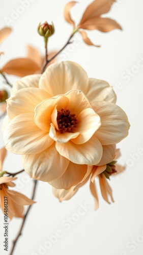 A single pale yellow flower blooms against a white background