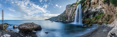 A stunning waterfall cascading into the tranquil sea near a rocky shoreline at sunset with clouds reflecting soft hues