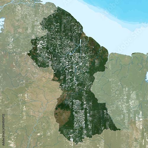 Blank isolated physical satellite map of Guyana