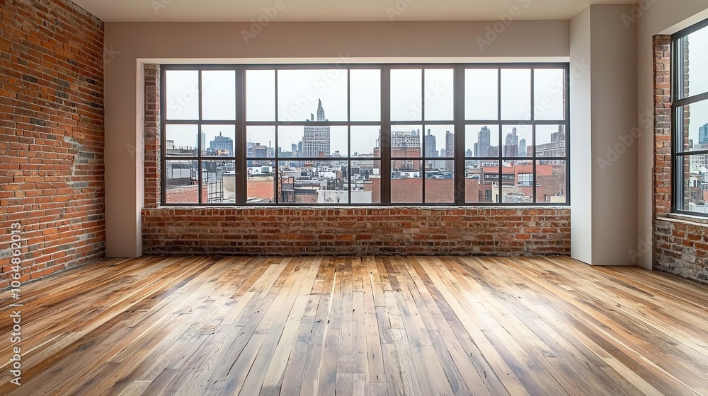 Fototapeta premium Spacious industrial loft with large windows and wooden floors, urban view.