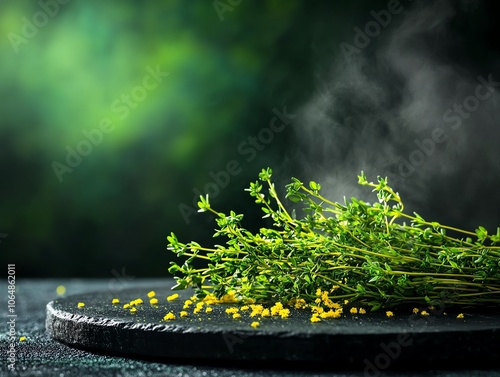 Saltbush leaves delicately arranged on a stone plate, native herb cuisine, Saltbush, concept earthy and wild flavors photo