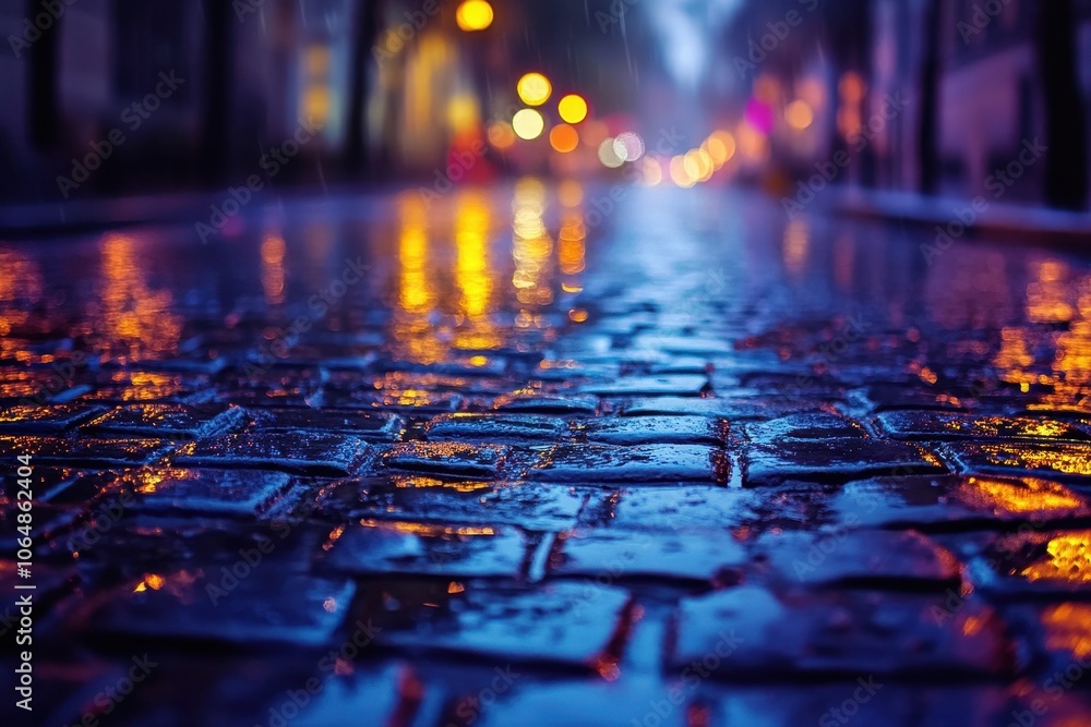 Cobblestone street wet from rain. This photo can be used to depict a rainy night or evening scene. Cobblestone street wet from rain. This photo can be used to depict a rainy night or evening scene.