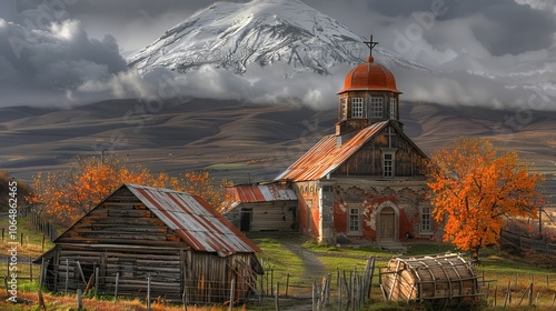 Sunlight streaming through clouds above mount ararat with noah s ark in the foreground photo