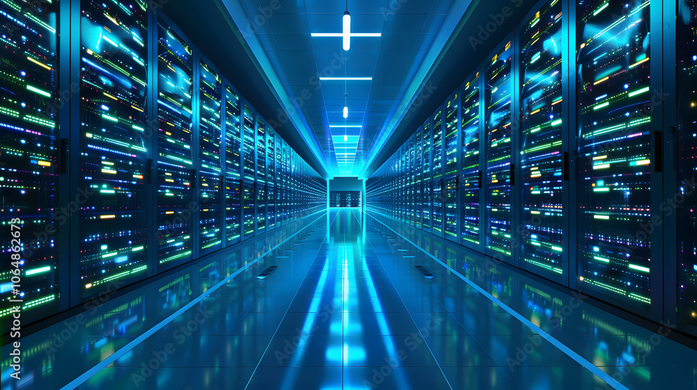 Obraz premium Modern futuristic data center interior with endless racks of servers and LED indicators