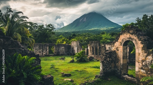 Exploring the historic ruins of Saint-Pierre in Martinique with Mont Pelé looming in the background amidst lush greenery photo