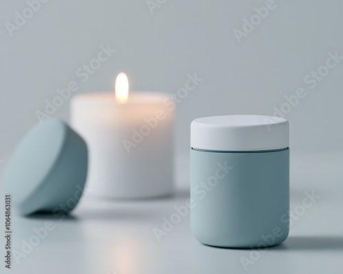 Close-up of minimalist skincare products in white containers with a serene candlelit setting, perfect for a calming and luxurious self-care visual.