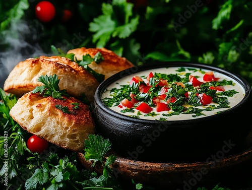 Tajik qurutob, bread soaked in yogurt sauce, topped with fresh herbs and vegetables on an earthenware plate, Tajik cuisine, authentic rural dining photo