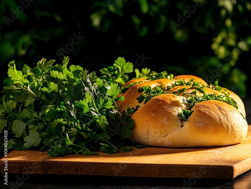 Tajik qurutob, bread soaked in yogurt sauce, topped with fresh herbs and vegetables on an earthenware plate, Tajik cuisine, authentic rural dining photo