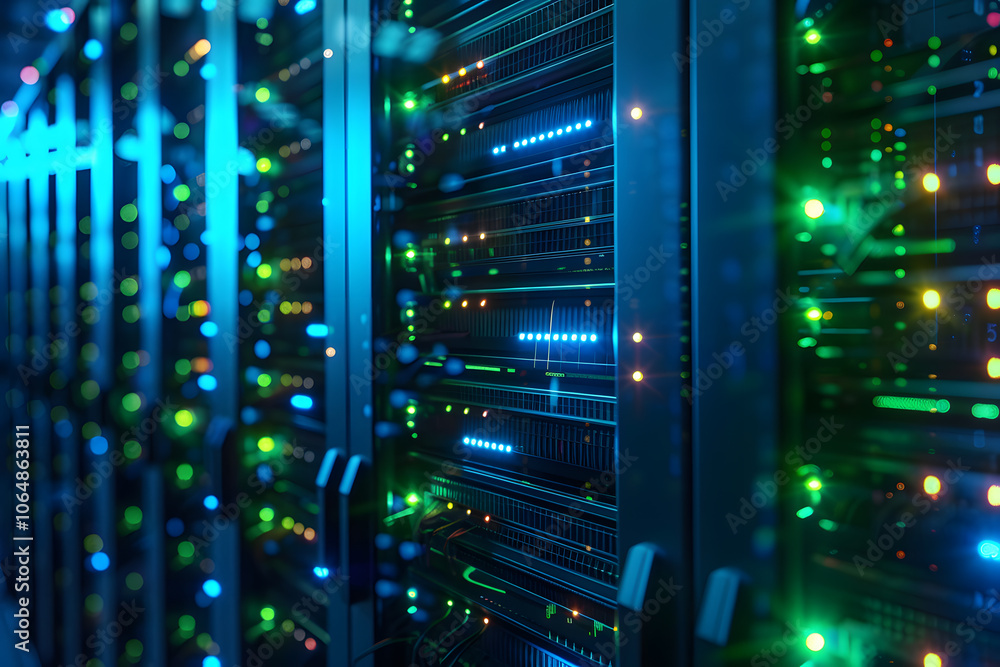Futuristic data center with vibrant LED lights and illuminated server racks Futuristic data center with vibrant LED lights and illuminated server racks