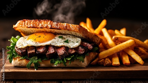 Uruguayan chivito sandwich with steak, egg, and cheese, served with fries in a lively street food market photo