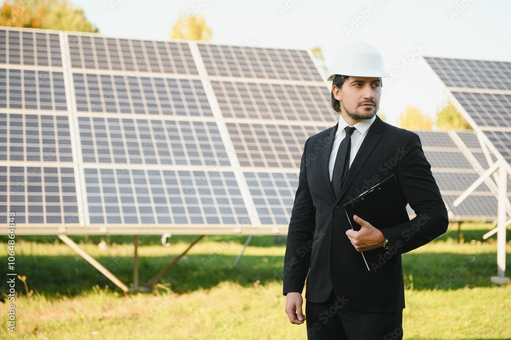 The solar farm, solar panel with engineer check the operation of the system, Alternative energy The solar farm, solar panel with engineer check the operation of the system, Alternative energy
