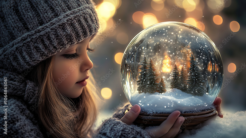 Naklejka premium Little Girl Holding a Magical Snow Globe in Winter (christmas-tree)