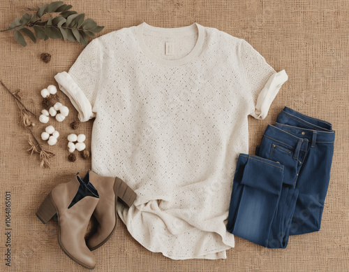 beige tshirt mockup styled with natural elements like cotton plant, burlap, boots, and jeans, perfect for a casual, earthy aesthetic photo