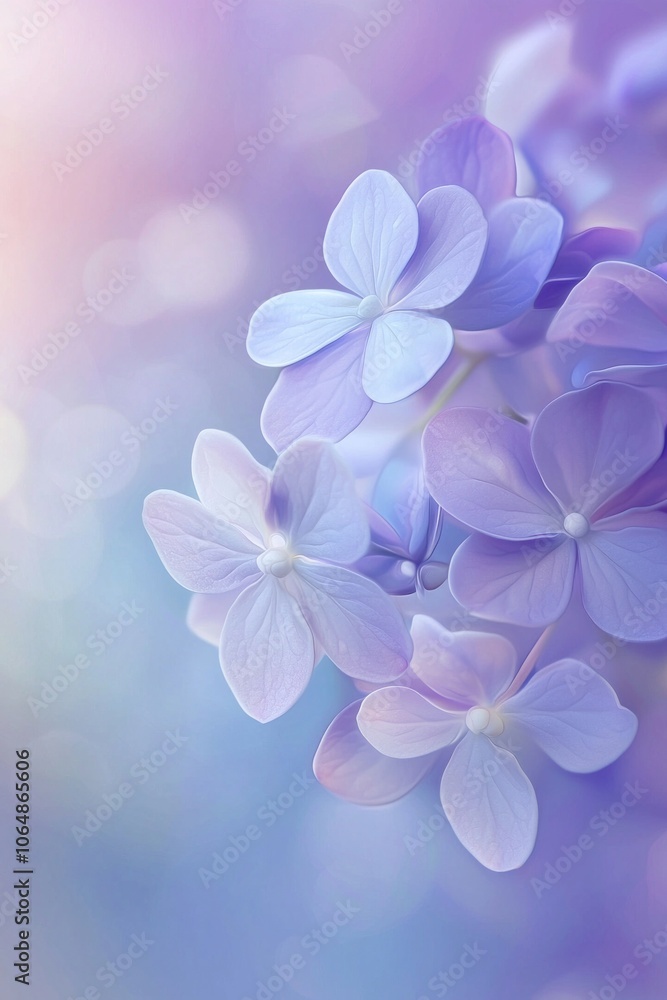 Purple and blue gradient background with pastel flowers, light pink and purple blurred background, white petals of hydrangea flower. Purple and blue gradient background with pastel flowers, light pink and purple blurred background, white petals of hydrangea flower.