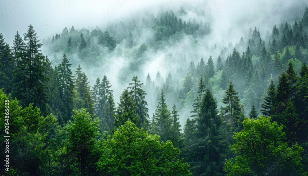 Misty Forest with Tall Evergreen Trees Misty Forest with Tall Evergreen Trees