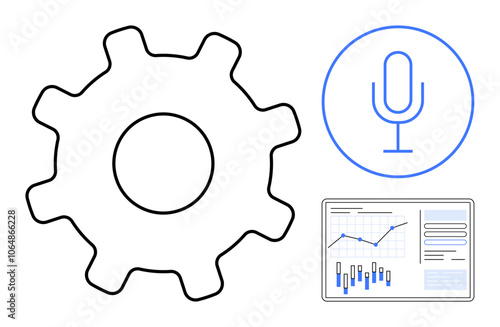 Gear symbol, microphone icon, and digital chart with rising and bar graphs suggest technology, communication, and data analytics. Ideal for tech, communication, digital marketing, data analysis