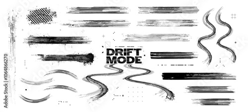 Tire tread marks, drift, motorsport, motocross, rally, tread mark with skid, grinding, splash effect. Graphic set of tire treads, wheel texture, car racing. Vector collection, wheel treads on asphalt