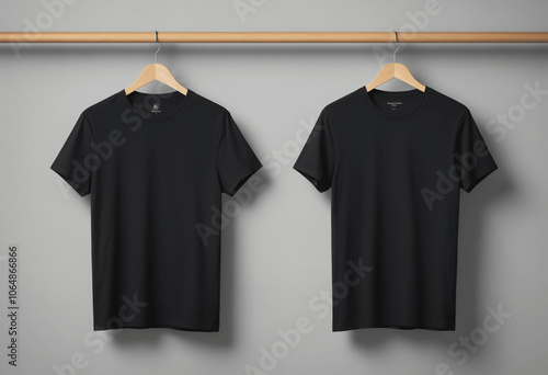 blank black t shirt mockup hanging on a wooden hanger with grey wall