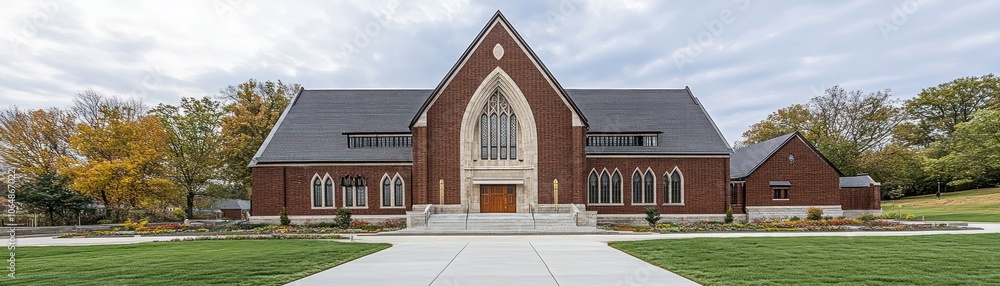 A modern church building with a prominent entrance and landscaped surroundings. A modern church building with a prominent entrance and landscaped surroundings.