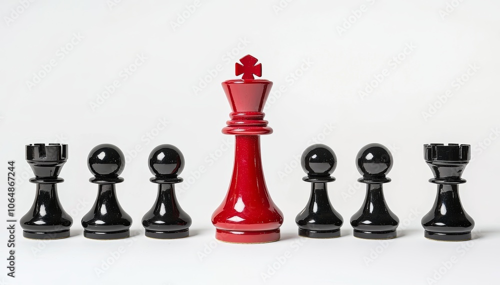 Red chess king towering in front of uniform black pawns on a white background, illustrating the power of being different. Red chess king towering in front of uniform black pawns on a white background, illustrating the power of being different.