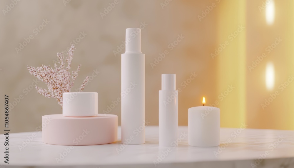 Serene and luxurious spa scene with white skincare bottles, soft candlelight, and a calm, uncluttered background, exuding elegance and relaxation. Serene and luxurious spa scene with white skincare bottles, soft candlelight, and a calm, uncluttered background, exuding elegance and relaxation.