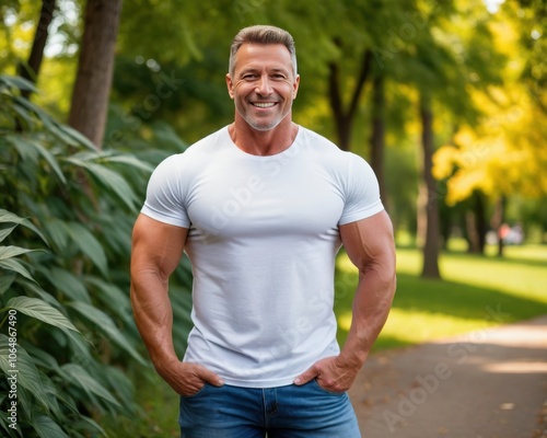 Muscular man wearing white t-shirt and jeans standing in nature