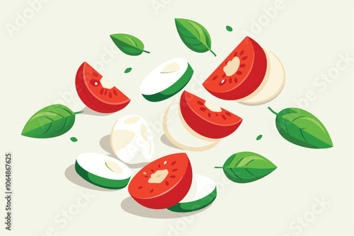 Falling Slices of Mozzarella, Fresh Tomatoes, and Basil Leaves Isolated on White Background.