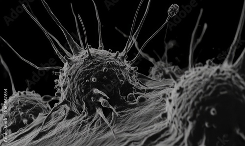 An electron microscope image revealing the abnormal morphology of cancer cells, with distorted nuclei and cytoplasm photo