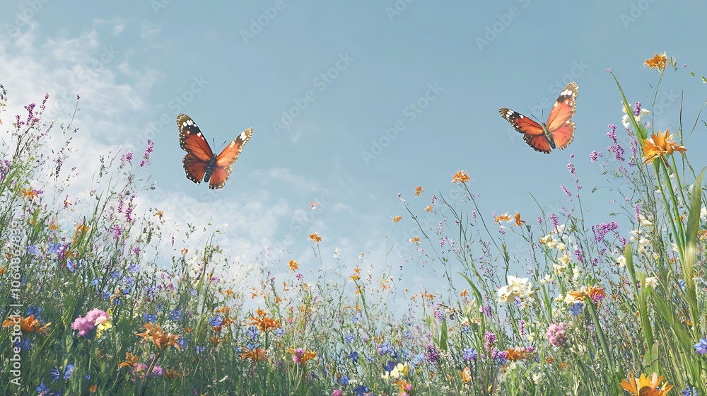 Two Butterflies Soaring Above a Meadow of Wildflowers Two Butterflies Soaring Above a Meadow of Wildflowers