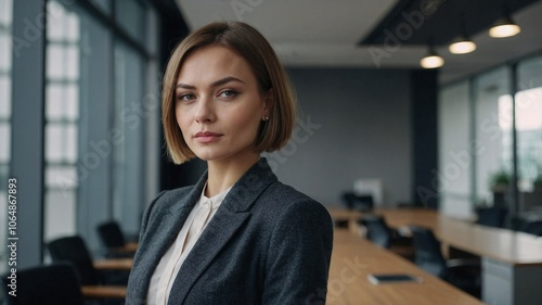 Close-up cinematic portrait of woman with short bob hair in office, corporate businesswoman