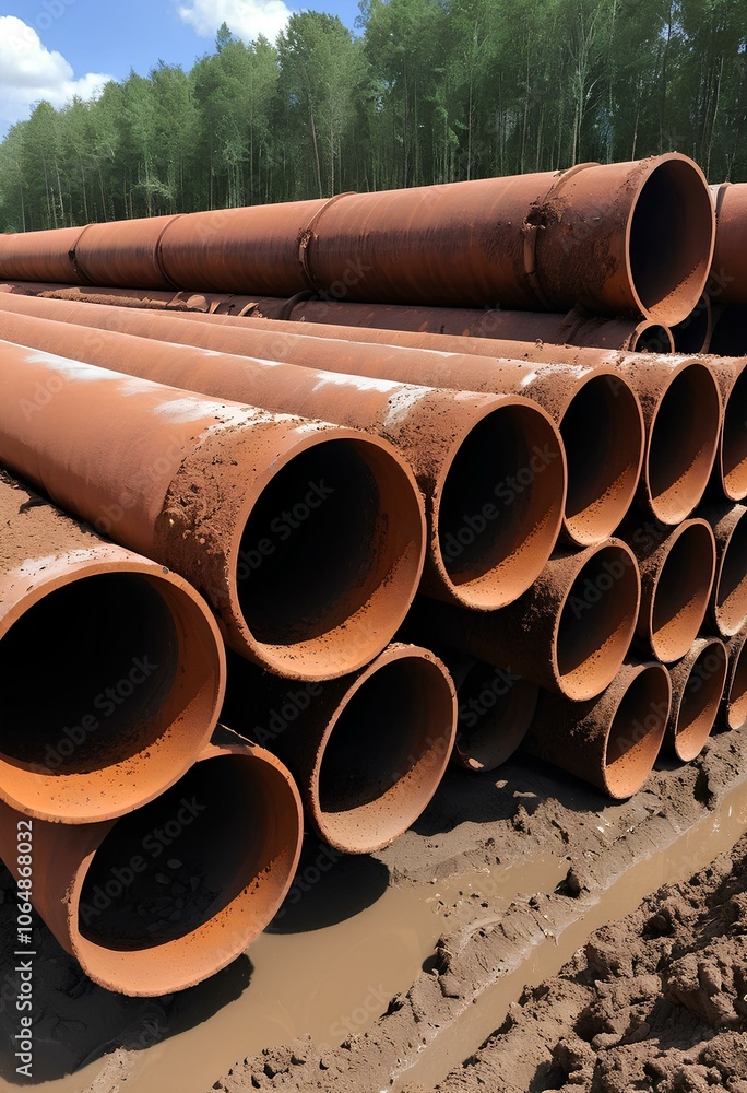 Several large rusty metal pipes on a construction site. Each pipe shows rust. Reveals the effects of rainwater and soil exposure on metals. Several large rusty metal pipes on a construction site. Each pipe shows rust. Reveals the effects of rainwater and soil exposure on metals.