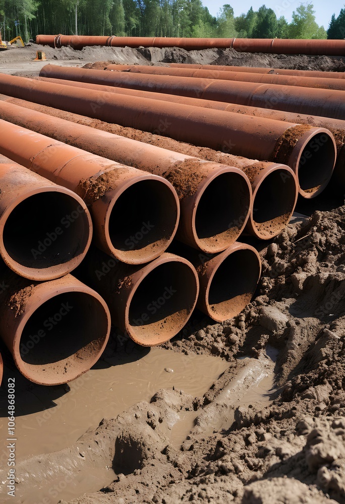 Several large rusty metal pipes on a construction site. Each pipe shows rust. Reveals the effects of rainwater and soil exposure on metals. Several large rusty metal pipes on a construction site. Each pipe shows rust. Reveals the effects of rainwater and soil exposure on metals.