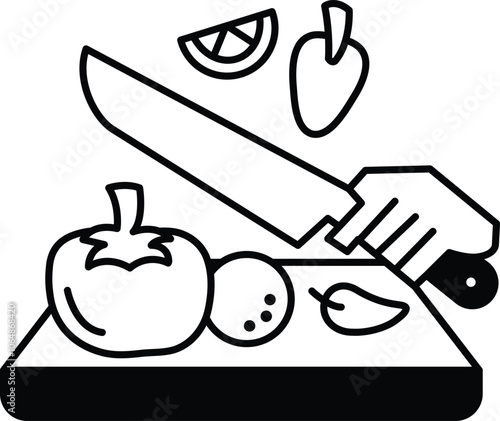 A cartoon drawing of a person cutting up vegetables on a cutting board