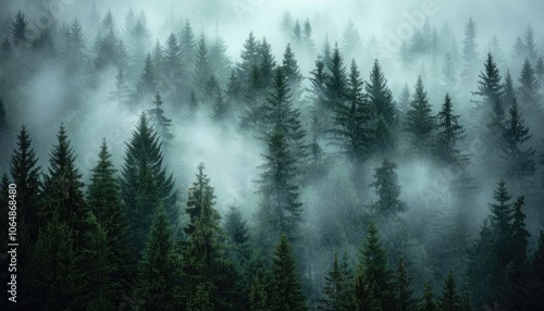 A misty forest with tall evergreen trees