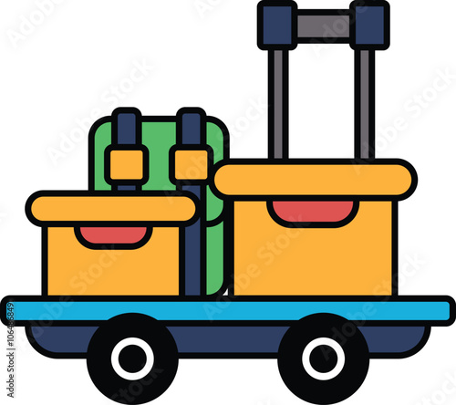 A luggage cart with two suitcases and two boxes