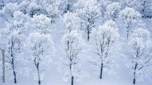 An aerial shot of many trees covered in snow.