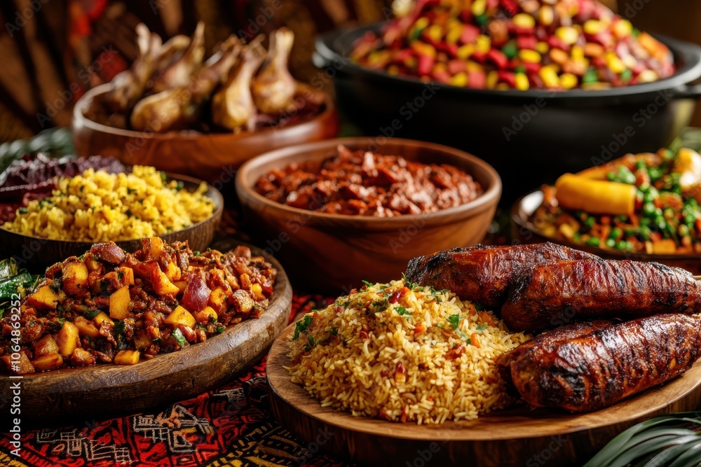 Kwanzaa Feast: A lavishly prepared feast with an array of traditional African dishes, set against a backdrop of African fabric and patterns. The food is displayed on wooden platters and includes dishe Kwanzaa Feast: A lavishly prepared feast with an array of traditional African dishes, set against a backdrop of African fabric and patterns. The food is displayed on wooden platters and includes dishe