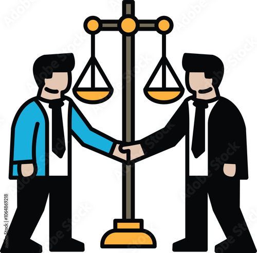 Two men shaking hands in front of a scale