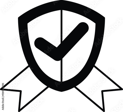 A shield with a ribbon and a black and white check mark