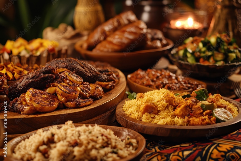 Kwanzaa Feast: A lavishly prepared feast with an array of traditional African dishes, set against a backdrop of African fabric and patterns. The food is displayed on wooden platters and includes dishe Kwanzaa Feast: A lavishly prepared feast with an array of traditional African dishes, set against a backdrop of African fabric and patterns. The food is displayed on wooden platters and includes dishe