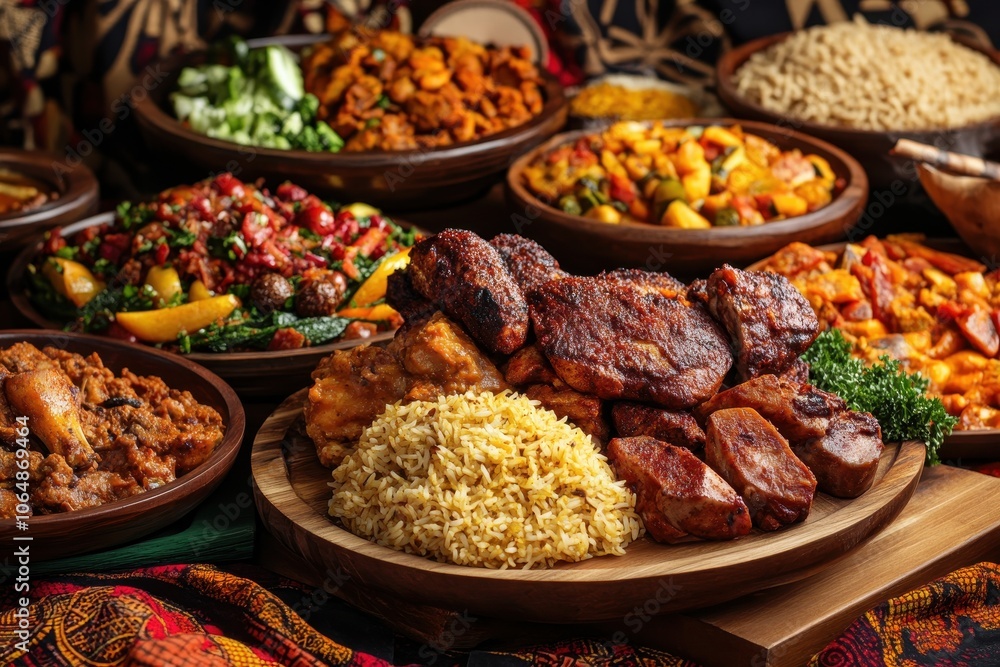 Kwanzaa Feast: A lavishly prepared feast with an array of traditional African dishes, set against a backdrop of African fabric and patterns. The food is displayed on wooden platters and includes dishe Kwanzaa Feast: A lavishly prepared feast with an array of traditional African dishes, set against a backdrop of African fabric and patterns. The food is displayed on wooden platters and includes dishe